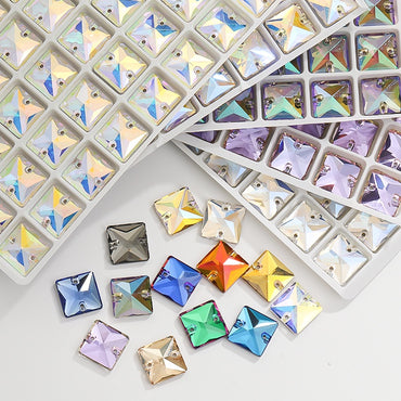 10pcs Flat Hand Stitched Crystal Square Flat Button Glass Double Hole Rhinestone