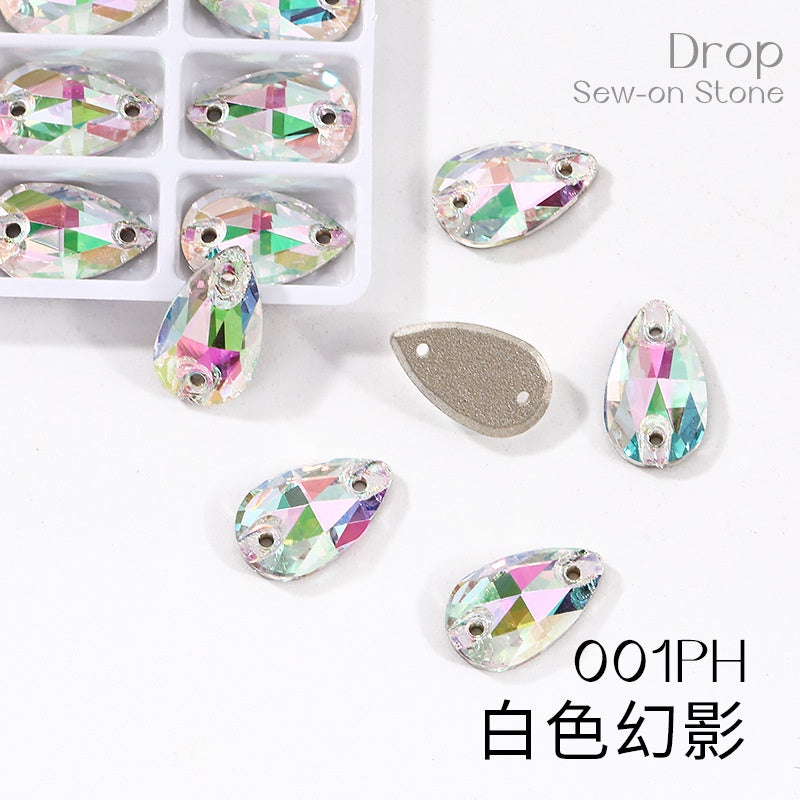 7 * 12Mm/10 * 14mm water drop glass buckle flat bottom double hole rhinestone hand sewn crystal stone AB color flat buckle wedding accessories