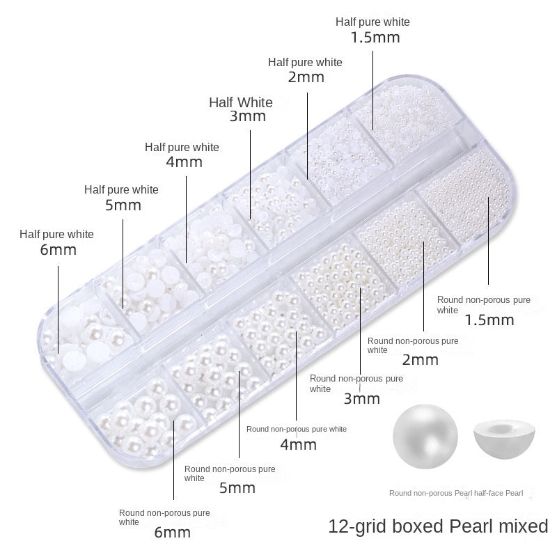 Nail Art Jewelry Boxed 12 Grid 6 Grid Mixed Nail Art Pearls Straight Hole No Hole Radius Pearl Set