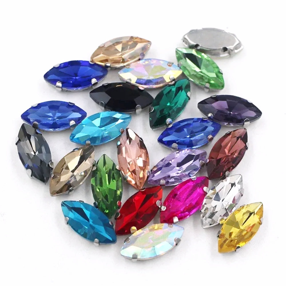 Hot Sell 6*12mm 7*15mm Navette Horse Eye Shape Crystal Rhinestone with Silver Bottom for Sew on Clothing Accessories