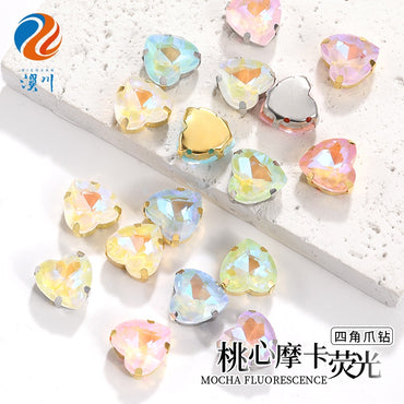 12Mm love rhinestone, heart-shaped mocha fluorescent peach heart four-corner claw drill DIY jewelry accessories hand sewn pointed bottom rhinestone sticker rhinestone