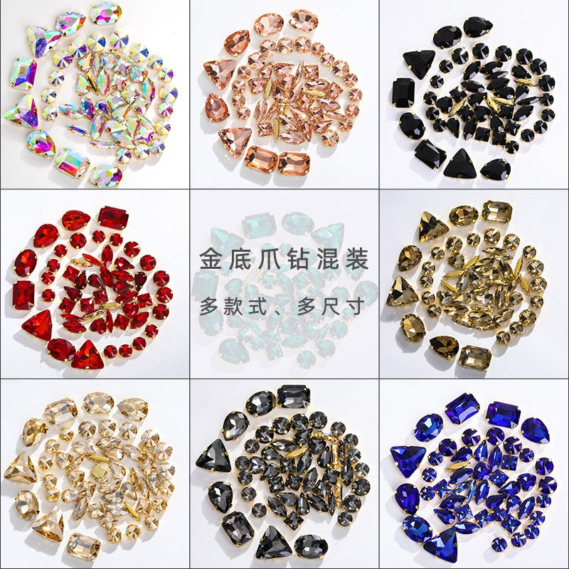 TonyBead Wholesale Multi-shape 50 Mixed Gold Bottom Support Four Corner Claw Diamond Mixed Crystal DIY Clothing Luggage Crystal Jewelry Accessories Materials