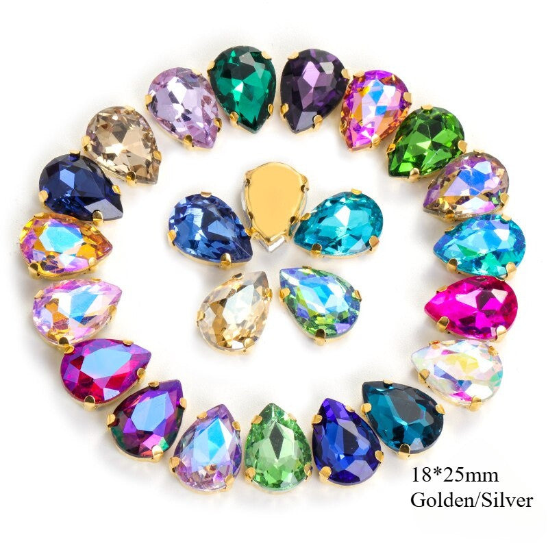 18*25mm Water Drop Shape Glass Material Rhinestones with Claws Can Be Sewn Teardrop Shape Crystal Diamond Metal Bottom Buckle Wedding Dress Decoration Strass