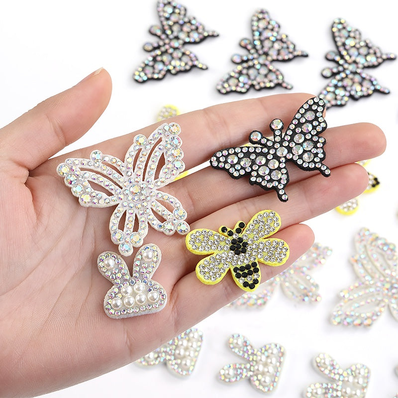 Cute Butterfly Bee Rabbit Crystal ABS Pearl Rhinestone Non-woven Fabric Patch for Decoration