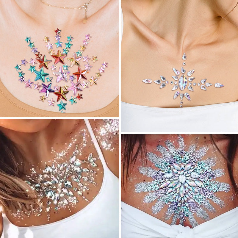 【ready Stock】Body Sticker Acrylic Chest Diamond Sticker Women Fake Tattoo Stickers Rave Party Dance Chest Decoration