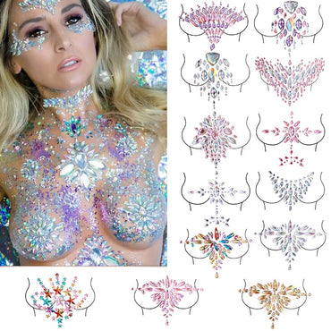 Body Sticker Acrylic Chest Diamond Sticker Women Fake Tattoo Stickers Rave Party Dance Chest Decoration