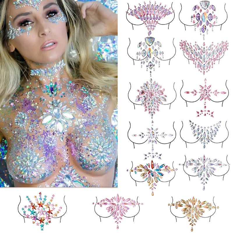 【ready Stock】Body Sticker Acrylic Chest Diamond Sticker Women Fake Tattoo Stickers Rave Party Dance Chest Decoration