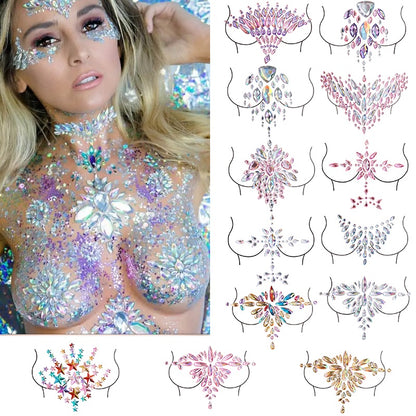 【ready Stock】Body Sticker Acrylic Chest Diamond Sticker Women Fake Tattoo Stickers Rave Party Dance Chest Decoration