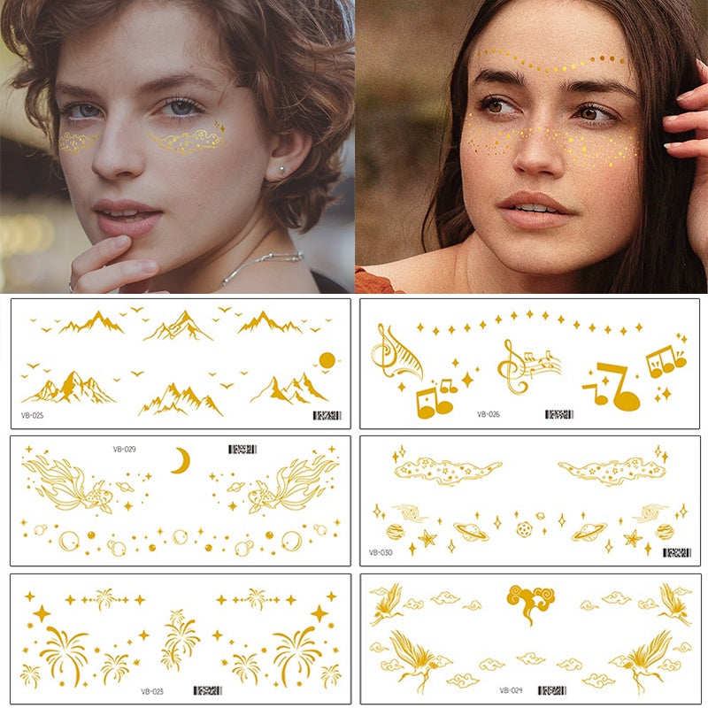 Gold Stickers Beauty Makeup Sweet Makeup Party Concert Gold Face with Waterproof Tattoo Stickers