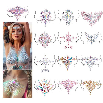 【ready Stock】Body Sticker Acrylic Chest Diamond Sticker Women Fake Tattoo Stickers Rave Party Dance Chest Decoration
