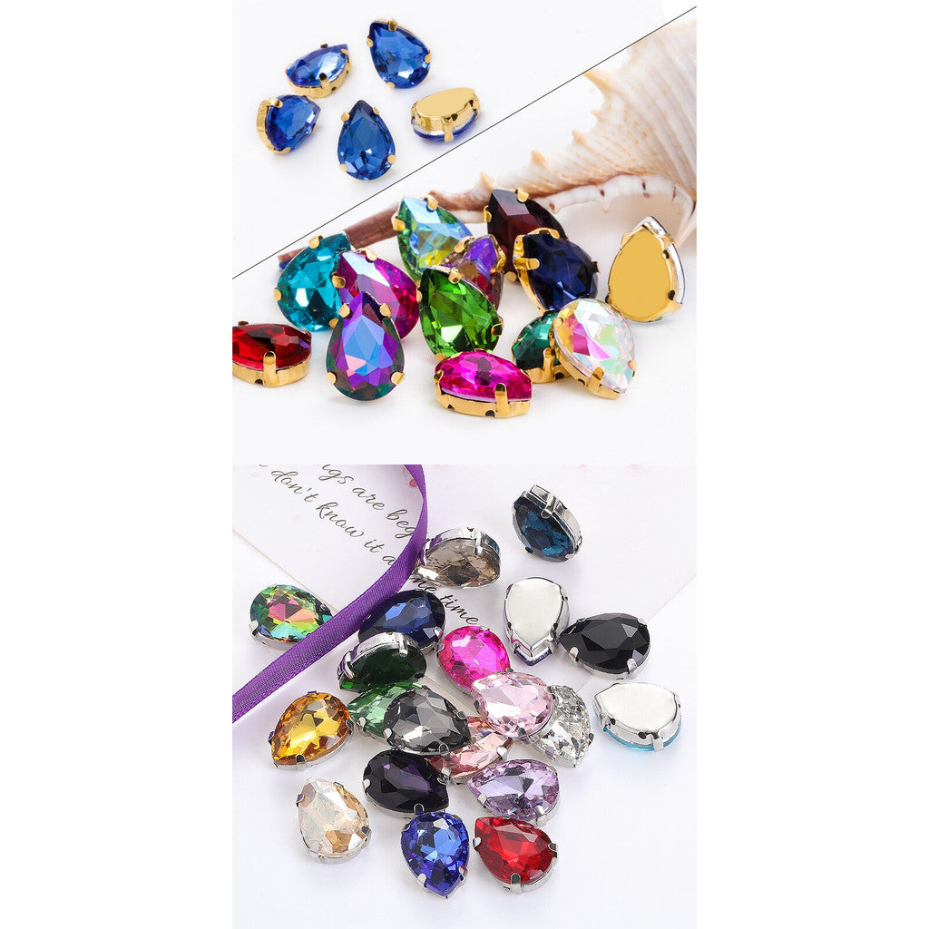 6×8mm 50pcs Mini Drop Rhinestone with Golden/White K Claw Sewn Into Clothes, with Holes At The Bottom