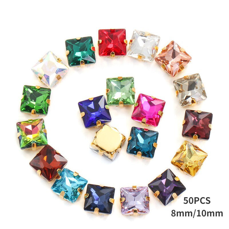 8/10mm 50PCS Square Shape Glass Rhinestones with Golden Claw Sew on Crystal Stone for Clothes Decoration Dress