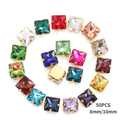 8/10mm 50PCS Square Shape Glass Rhinestones with Golden Claw Sew on Crystal Stone for Clothes Decoration Dress