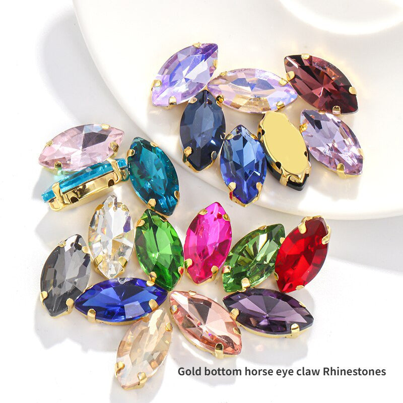 5*10/4*8mm 20pcs Gold bottom horse eye claw Rhinestones Manik Jahitan, Marquise/Leaf Shape Glass Rhinestones with Claw Stitched on Crystal Stones for Clothes Sewing Accessories