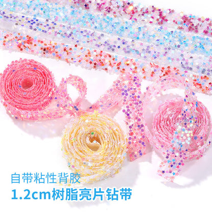 1.2Cm wide, resin pentagram sequined diamond belt, glue-free tear-off and stick toy dolls and other decorative diamond clothing accessories