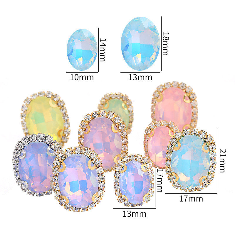 Mocha protein oval crystal buckle, thickened circumference claw drill, clothing accessories, perforated oval hand seam drill