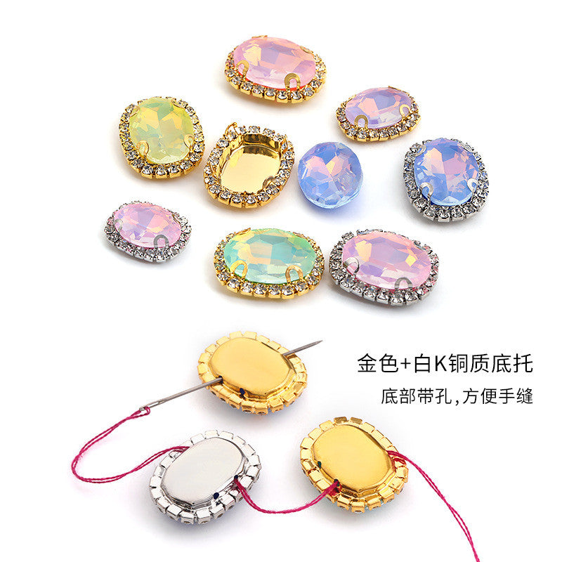 Mocha protein oval crystal buckle, thickened circumference claw drill, clothing accessories, perforated oval hand seam drill