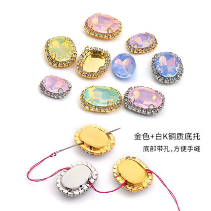 Mocha protein oval crystal buckle, thickened circumference claw drill, clothing accessories, perforated oval hand seam drill