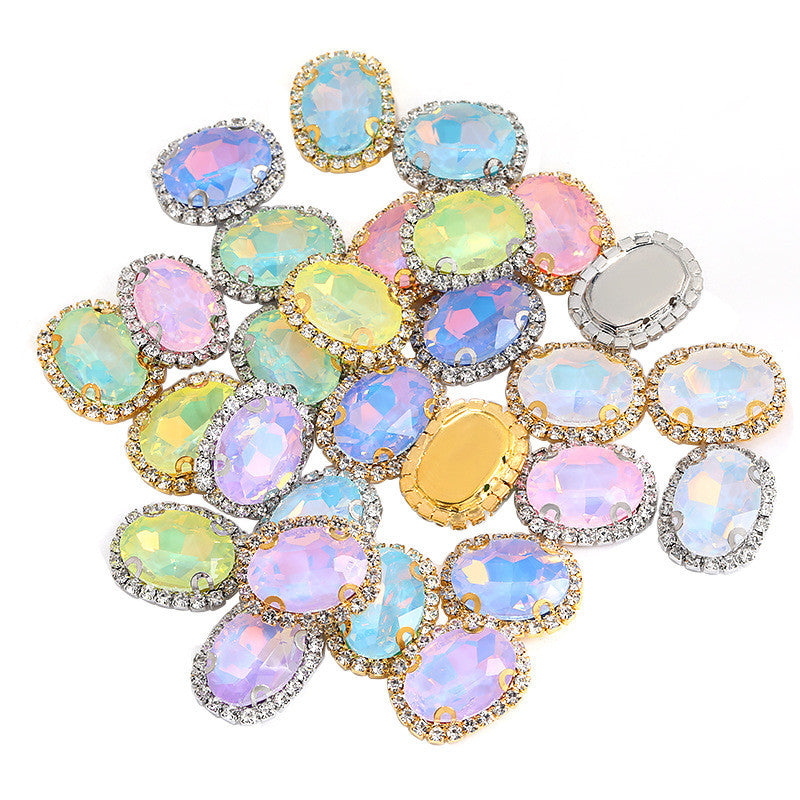 Mocha protein oval crystal buckle, thickened circumference claw drill, clothing accessories, perforated oval hand seam drill