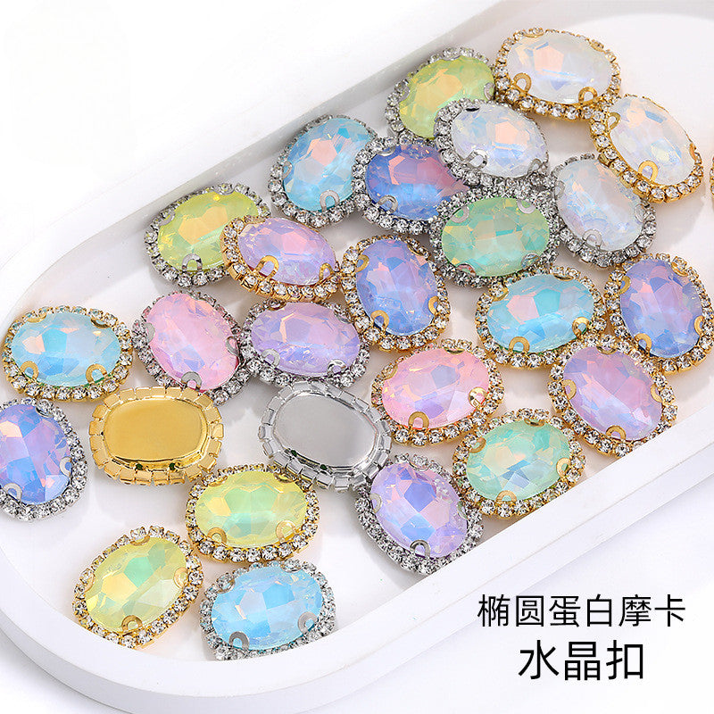 Mocha protein oval crystal buckle, thickened circumference claw drill, clothing accessories, perforated oval hand seam drill