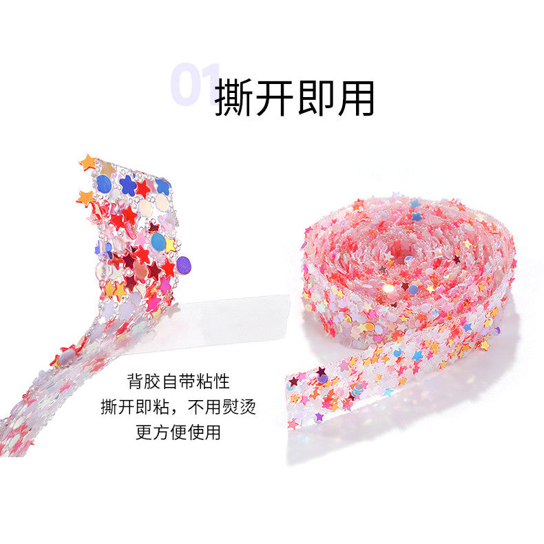 1.2Cm wide, resin pentagram sequined diamond belt, glue-free tear-off and stick toy dolls and other decorative diamond clothing accessories