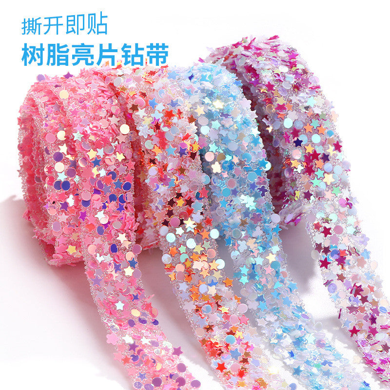 1.2Cm wide, resin pentagram sequined diamond belt, glue-free tear-off and stick toy dolls and other decorative diamond clothing accessories