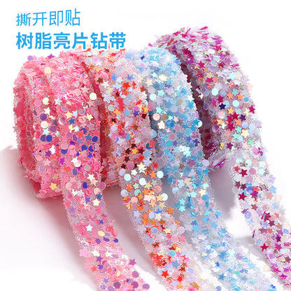 1.2Cm wide, resin pentagram sequined diamond belt, glue-free tear-off and stick toy dolls and other decorative diamond clothing accessories