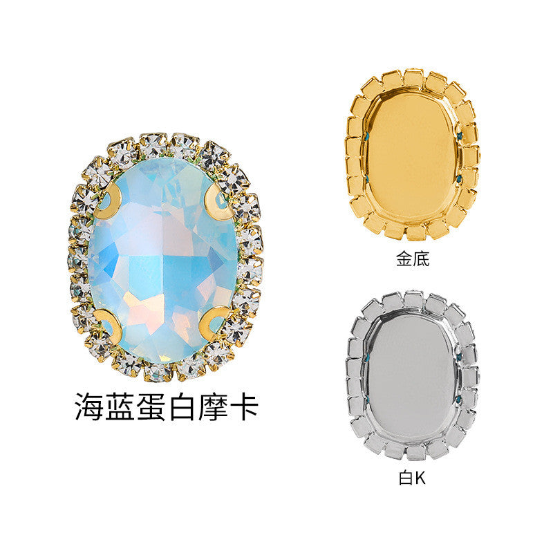 Mocha protein oval crystal buckle, thickened circumference claw drill, clothing accessories, perforated oval hand seam drill