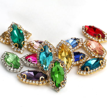 5*10/6*12mm Navette Crystal with Silver/Golden Bottom Sewing Buttons Flatback Rhinestone Glitter Sewn Accessories