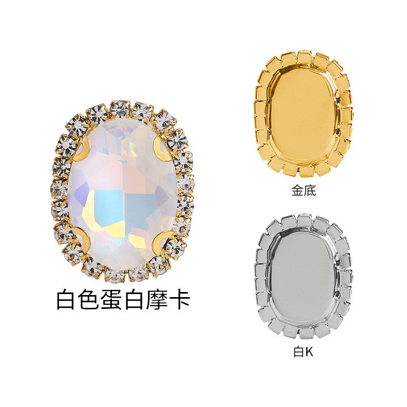 Mocha protein oval crystal buckle, thickened circumference claw drill, clothing accessories, perforated oval hand seam drill